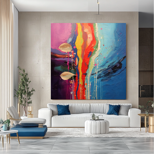 Deep Colors Blue Red Abstract Art - Modern Impasto Oil Painting on Canvas for Living Room, Office, Hotel