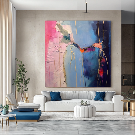 Bold Blue Pink Abstract Art - Modern Impasto Oil Painting on Canvas for Living Room, Office, Hotel
