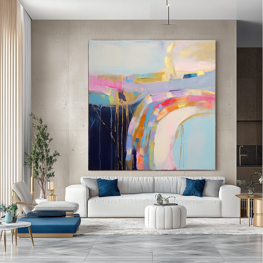 Pastel Blue Abstract Art - Modern Impasto Oil Painting on Canvas for Living Room, Office, Hotel