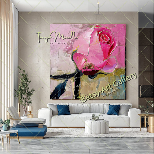 Pink Rosa Abstract Painting – Modern Floral Wall Art #153