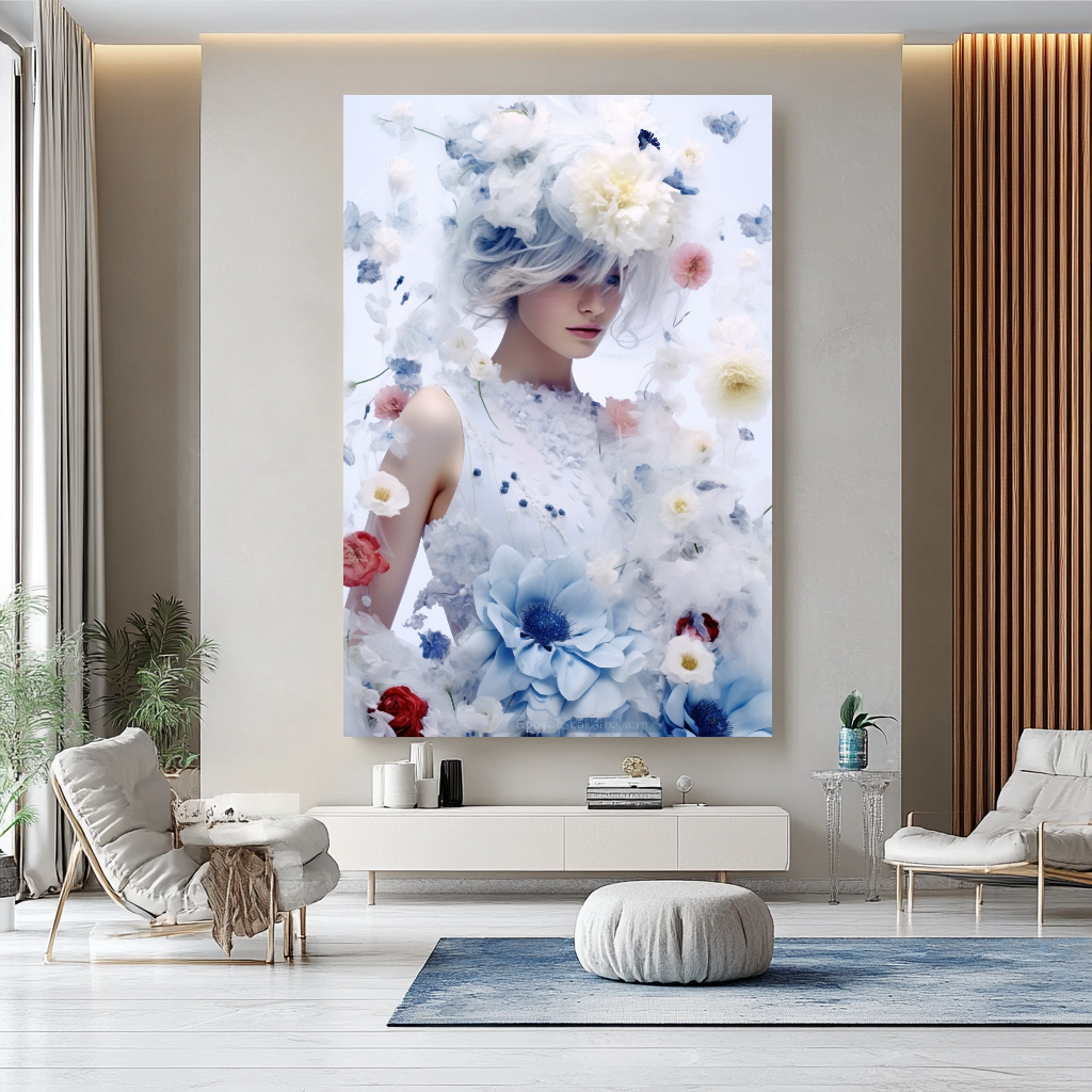 Blue Modern Grace - Floral Woman Canvas Art - Romantic Print on Canvas - Elegant Home Decor