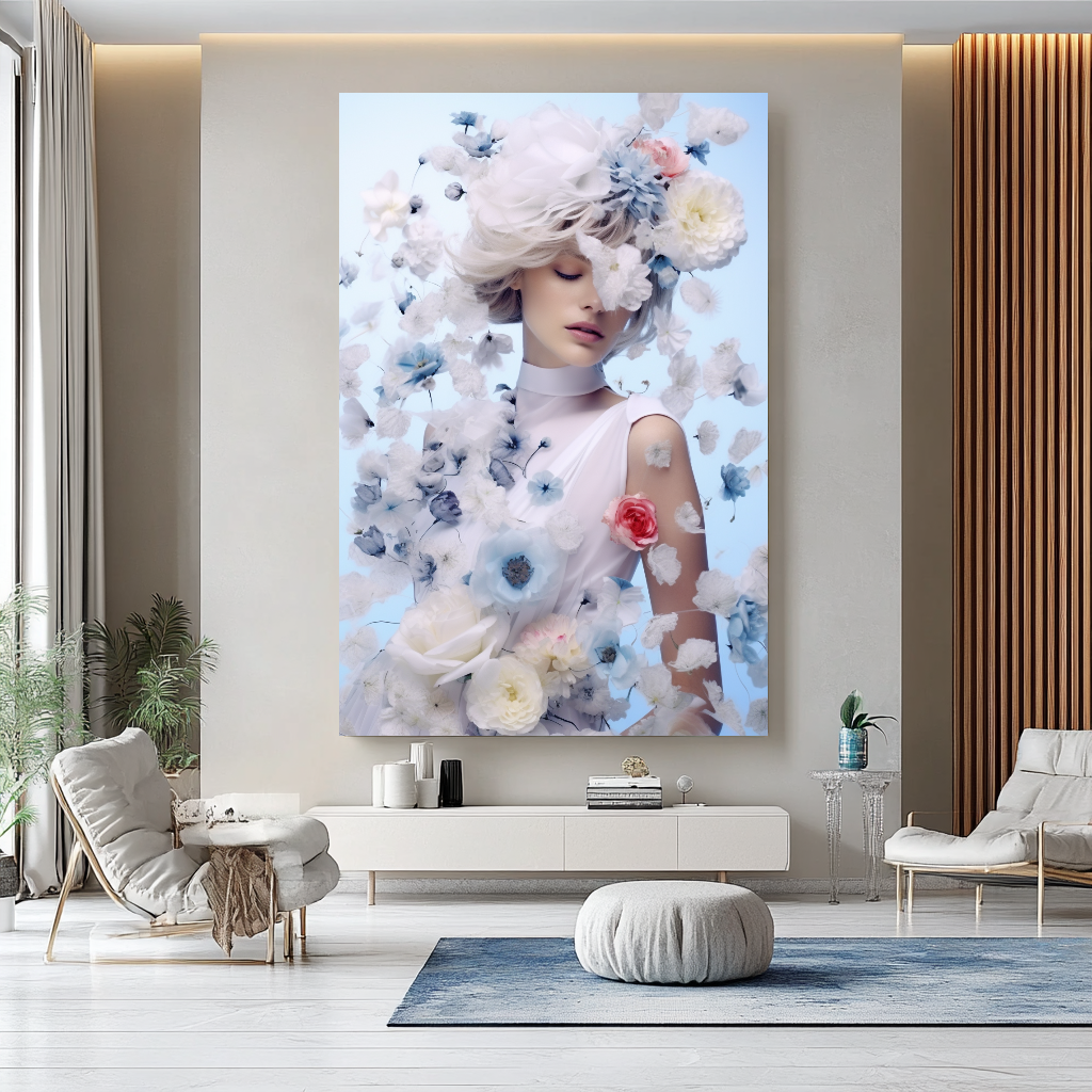 Blue Modern Grace - Floral Woman Canvas Art - Romantic Print on Canvas - Elegant Home Decor