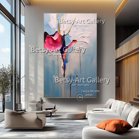 Minimalist Floral Oil Painting - Large Textured Abstract Wall Art #47