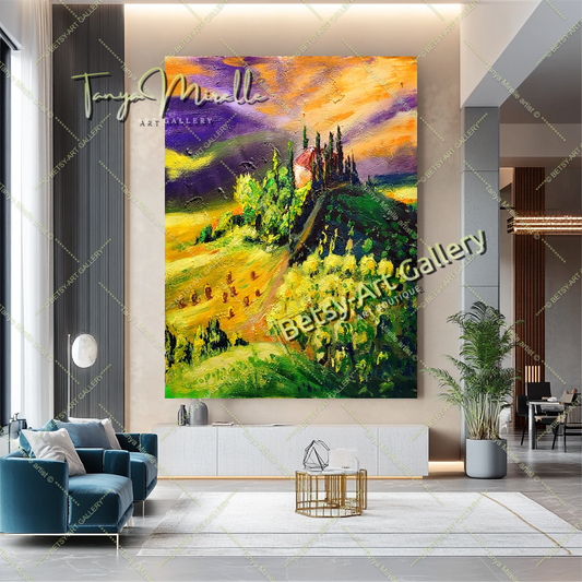 Large Abstract Oil Painting - Toscana Italien Landscape for Living Room