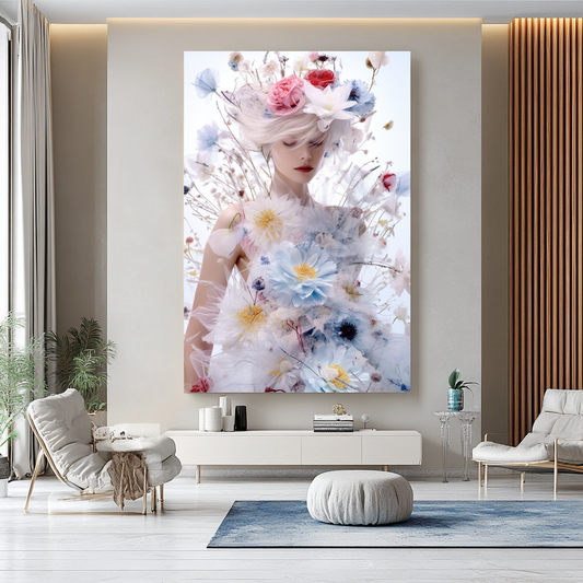 Blue Fashion Blooming Floral Woman Art - Romantic Print on Canvas - Elegant Home Decor