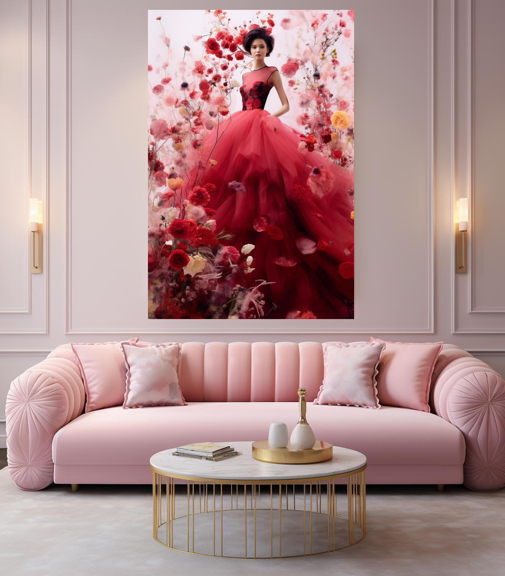 Modern Fashion Art Print on Canvas, Perfume Woman, Lady in Red, Floral Woman Art