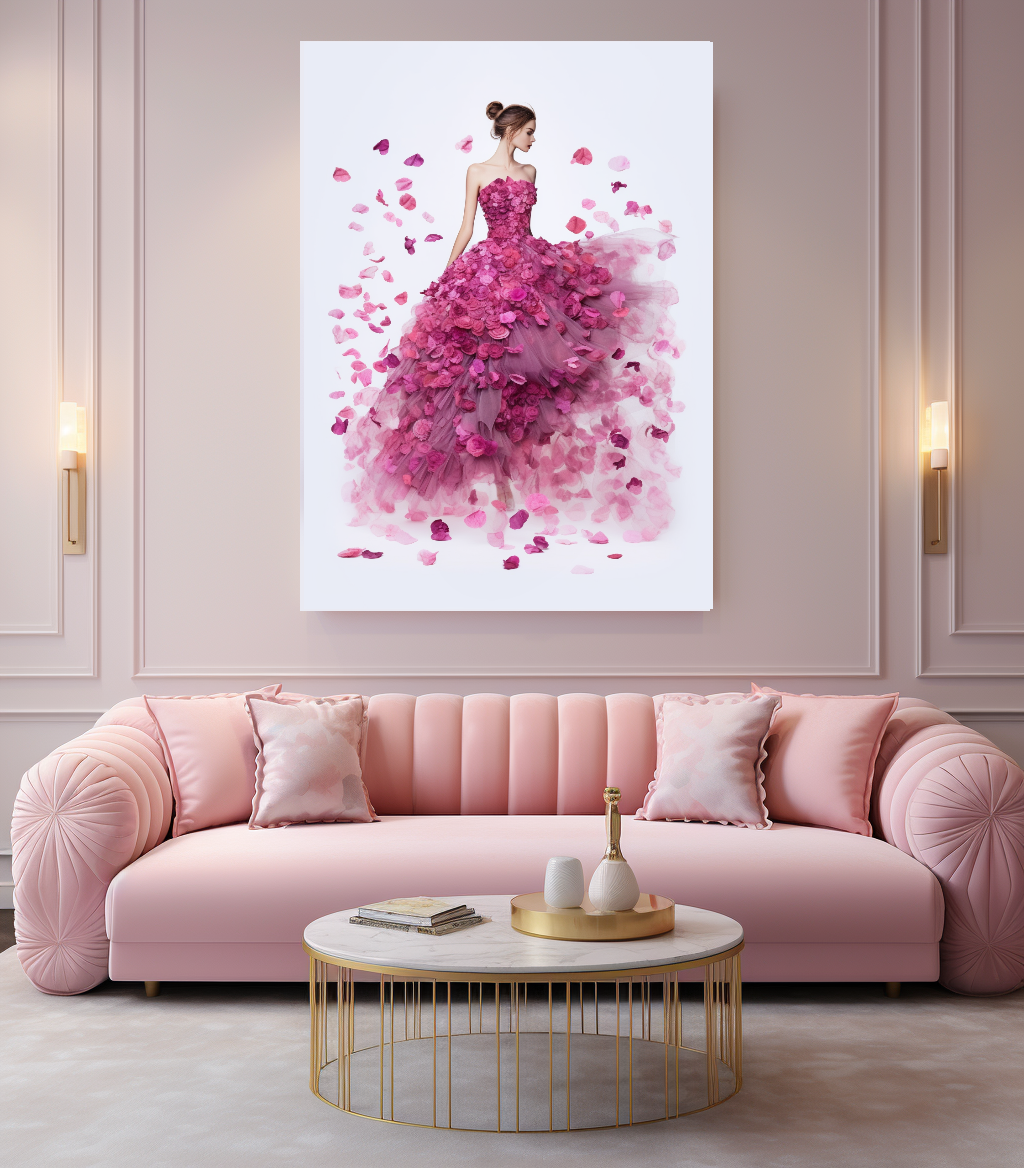 Modern Fashion Art Print on Canvas, Perfume Woman, Pink Petal Floral Woman Art