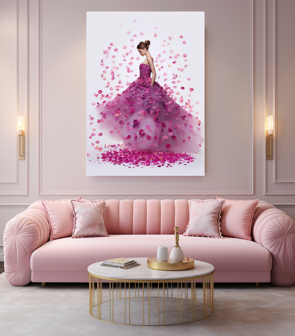 Modern Fashion Art Print on Canvas, Perfume Woman, Pink Petal Floral Woman Art