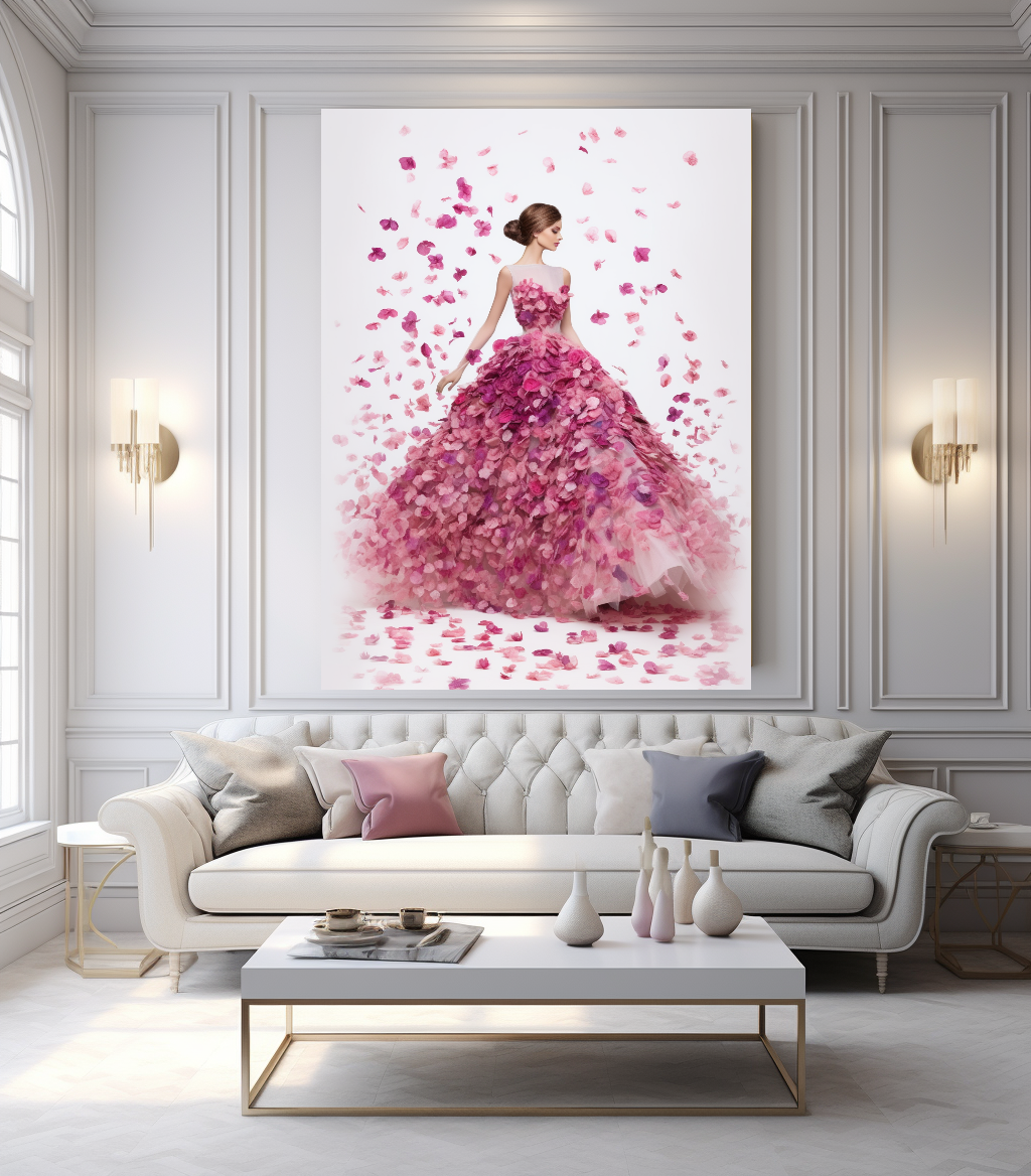 Modern Fashion Art Print on Canvas, Perfume Woman, Pink Petal Floral Woman Art