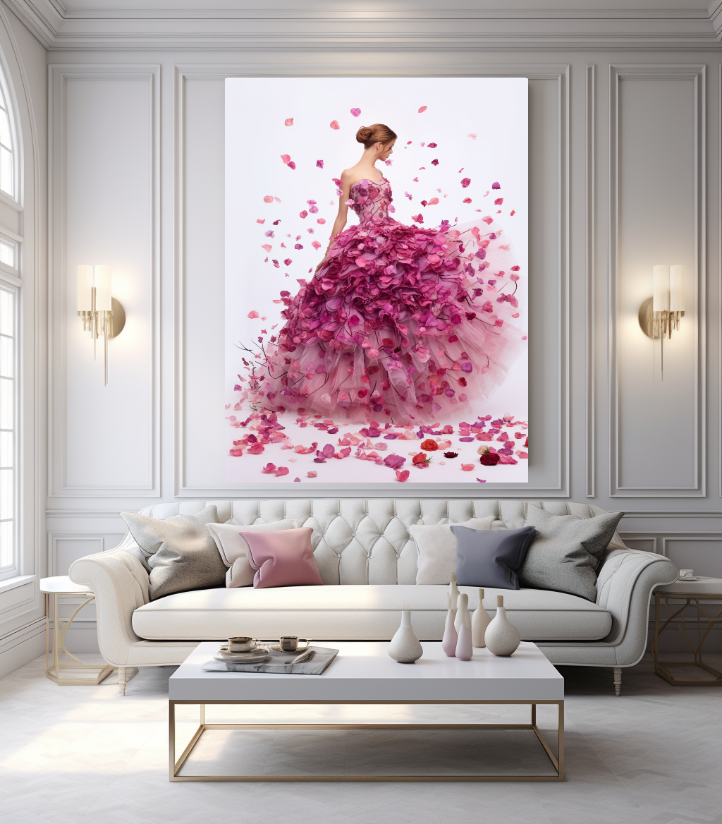 Modern Fashion Art Print on Canvas, Perfume Woman, Pink Petal Floral Woman Art