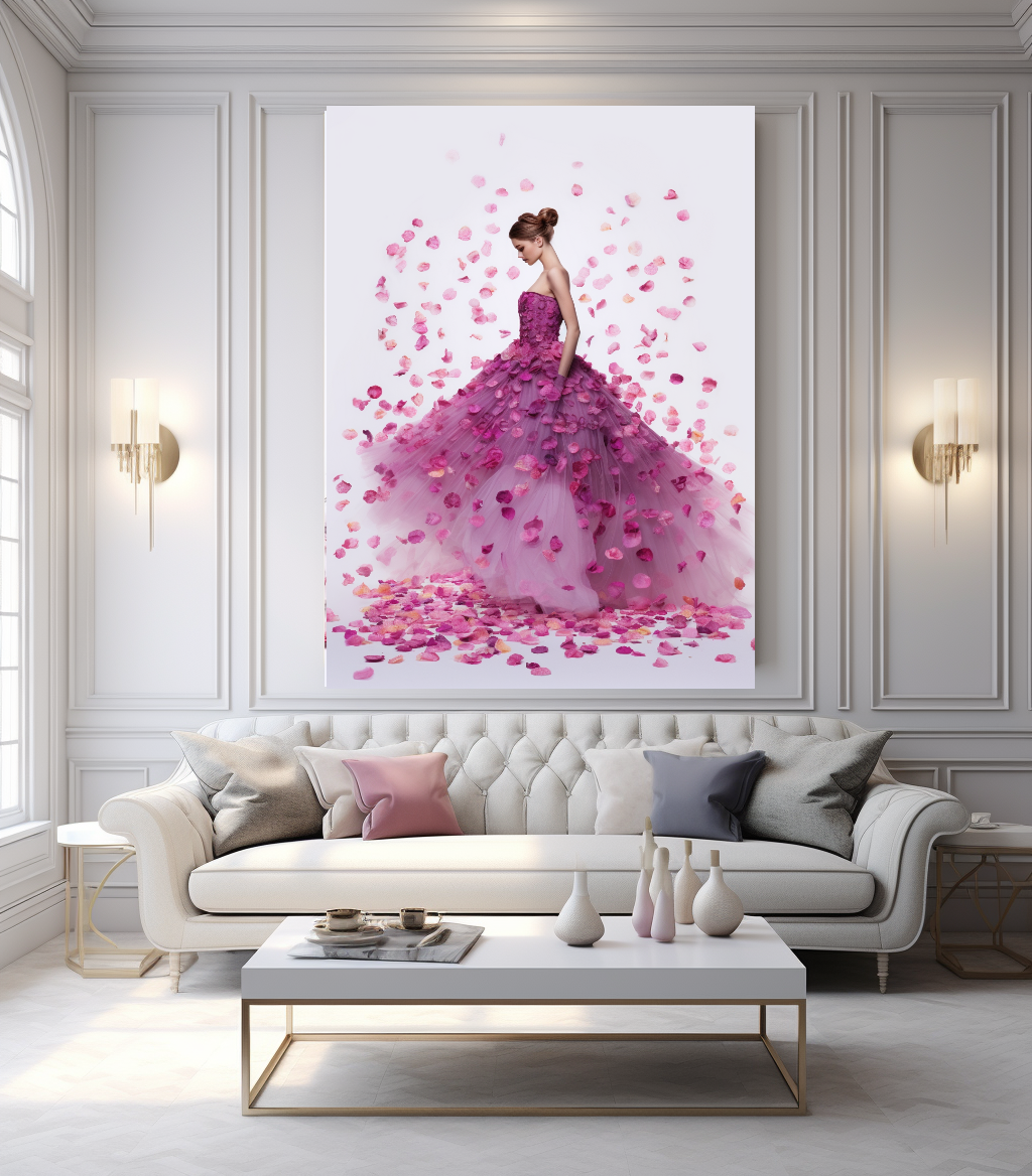 Modern Fashion Art Print on Canvas, Perfume Woman, Pink Petal Floral Woman Art