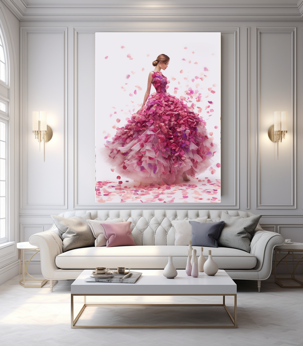 Modern Fashion Art Print on Canvas, Perfume Woman, Pink Petal Floral Woman Art