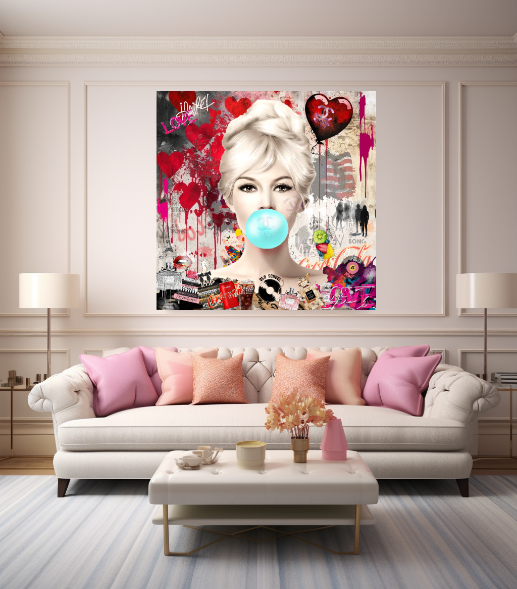 Marilyn Monroe, Audrey Hepburn, blowing Bubble Gum, Modern Pop Art Print on Canvas