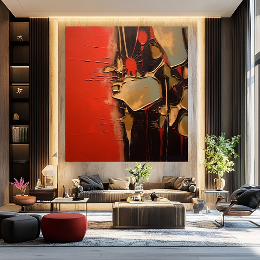 Unique Red Gold Abstract Art - Modern Impasto Oil Painting on Canvas for Living Room, Office, Hotel