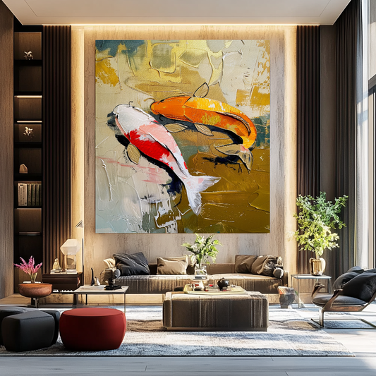 Vivid Koi Fish Abstract Art - Modern Impasto Oil Painting on Canvas - Colorful Wall Art