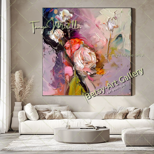 Modern Textured Floral Oil Painting Artwork