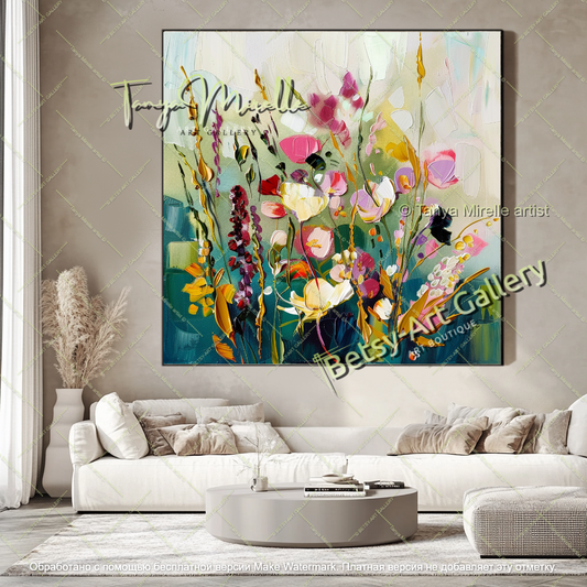 Large Colorful Floral Painting on Canvas