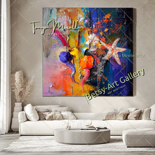 Colorful Underwater Flowers Painting Abstract Modern Art Textured Canvas