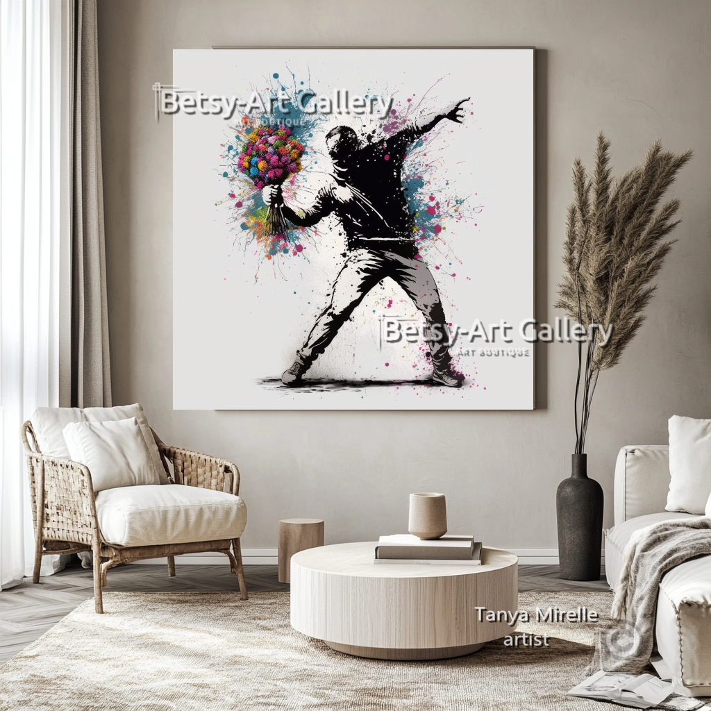 Banksy Flower Thrower Graffiti Art Print on Canvas #1 {{ shop_name }}Prints art gift Banksy canvas canvas print canvas wall art flower thrower giclée prints graffiti print large canvas print large wall art Large Wall Art Decor Living Room Art modern art print pop art print print on canvas ready to hang canvas street art stretched canvas art urban decor wall art prints