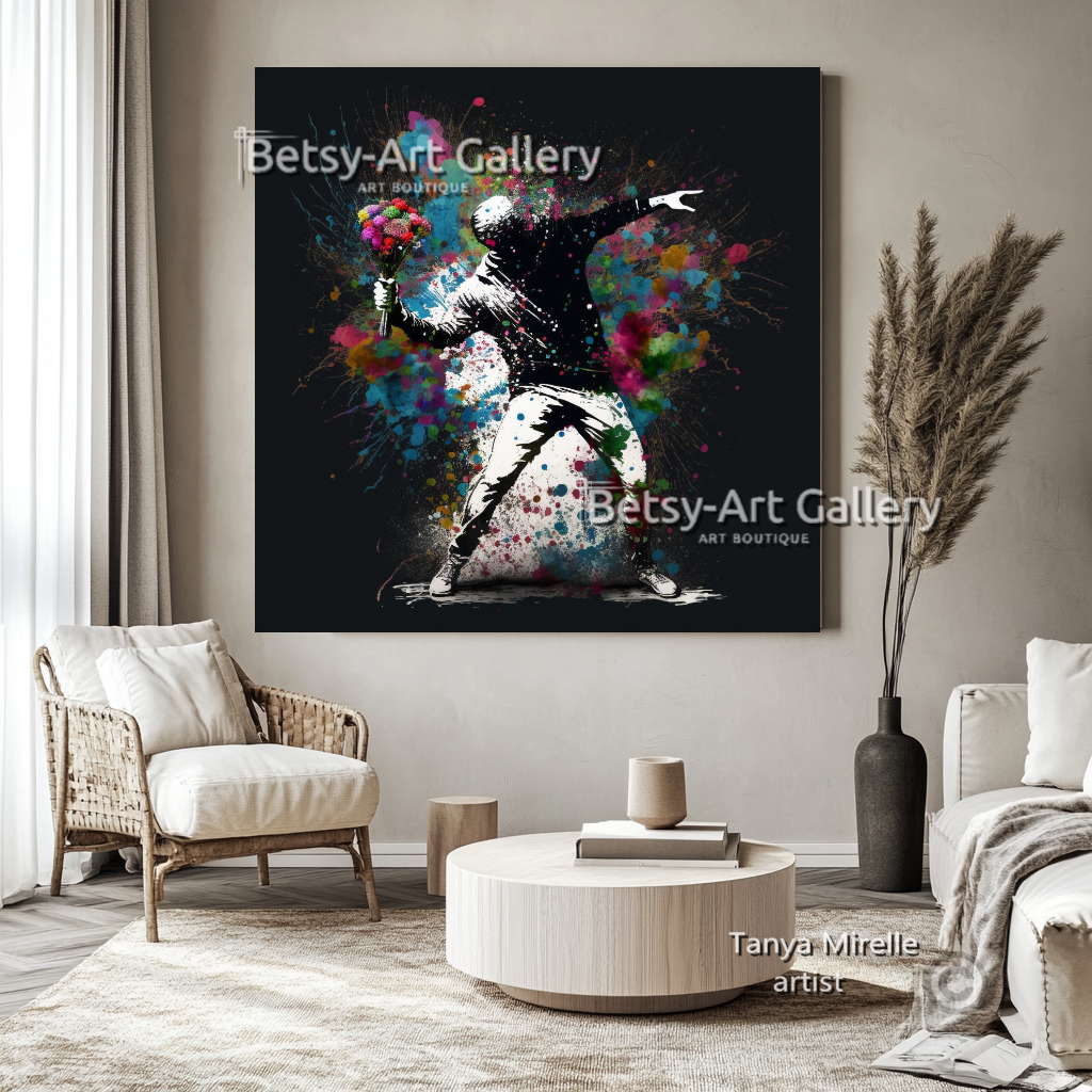 Banksy Flower Thrower Graffiti Art Print on Canvas #1 {{ shop_name }}Prints art gift Banksy canvas canvas print canvas wall art flower thrower giclée prints graffiti print large canvas print large wall art Large Wall Art Decor Living Room Art modern art print pop art print print on canvas ready to hang canvas street art stretched canvas art urban decor wall art prints