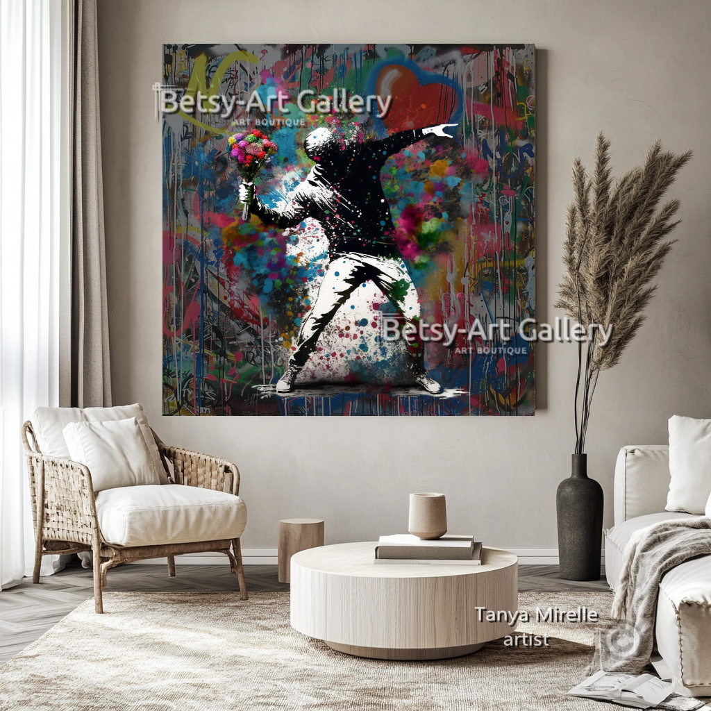 Banksy Flower Thrower Graffiti Art Print on Canvas #1 {{ shop_name }}Prints art gift Banksy canvas canvas print canvas wall art flower thrower giclée prints graffiti print large canvas print large wall art Large Wall Art Decor Living Room Art modern art print pop art print print on canvas ready to hang canvas street art stretched canvas art urban decor wall art prints