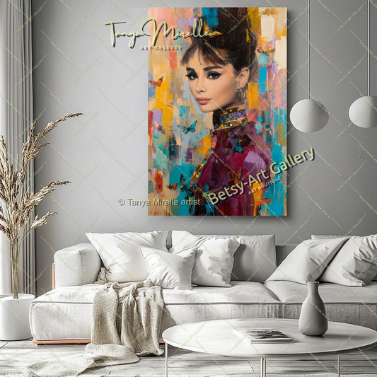 Vintage Audrey Hepburn Portrait - Colorful Modern Canvas Print #1