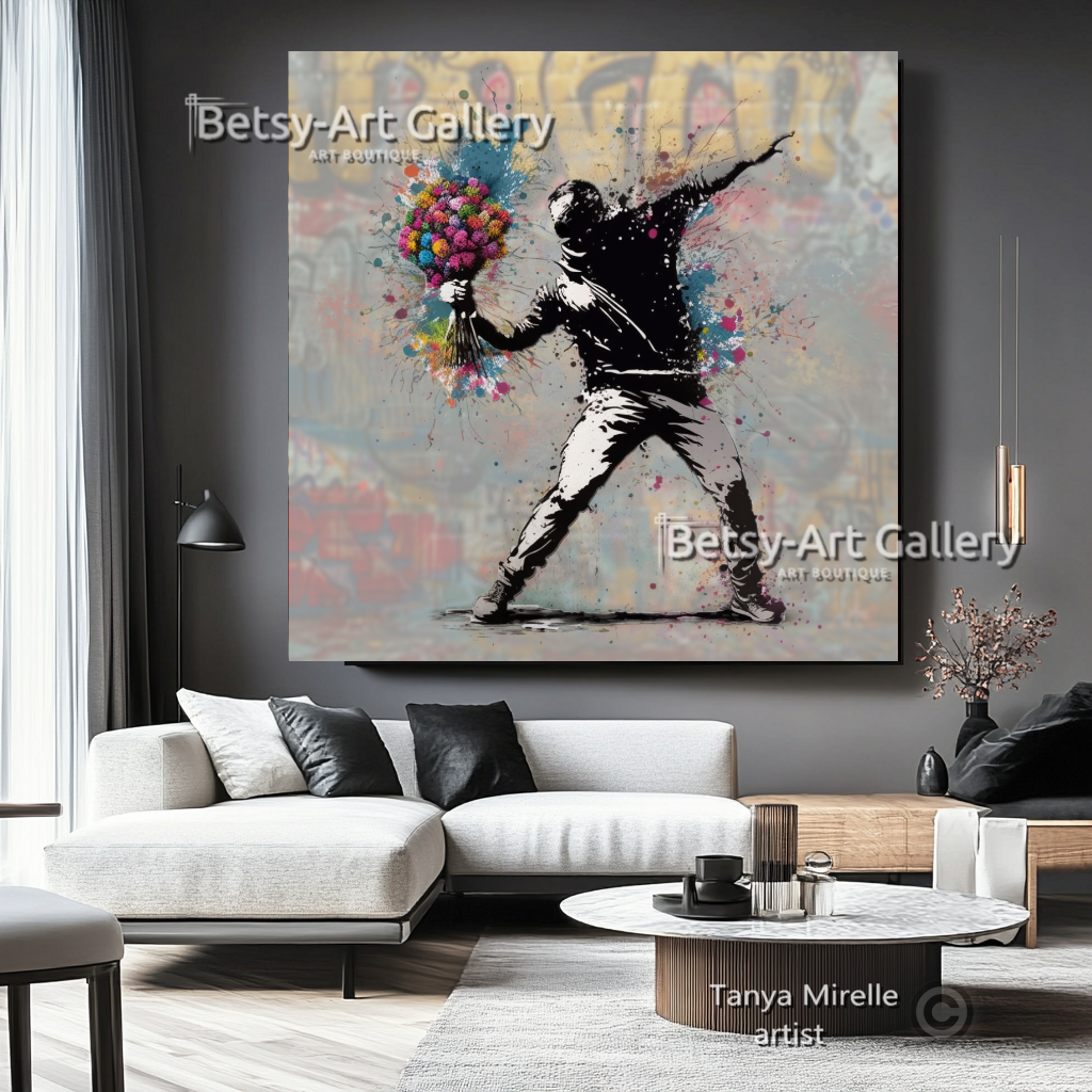 Banksy Flower Thrower Graffiti Art Print on Canvas #1 {{ shop_name }}Prints art gift Banksy canvas canvas print canvas wall art flower thrower giclée prints graffiti print large canvas print large wall art Large Wall Art Decor Living Room Art modern art print pop art print print on canvas ready to hang canvas street art stretched canvas art urban decor wall art prints