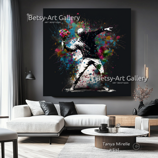 Banksy Flower Thrower Graffiti Art Print on Canvas #1 {{ shop_name }}Prints art gift Banksy canvas canvas print canvas wall art flower thrower giclée prints graffiti print large canvas print large wall art Large Wall Art Decor Living Room Art modern art print pop art print print on canvas ready to hang canvas street art stretched canvas art urban decor wall art prints