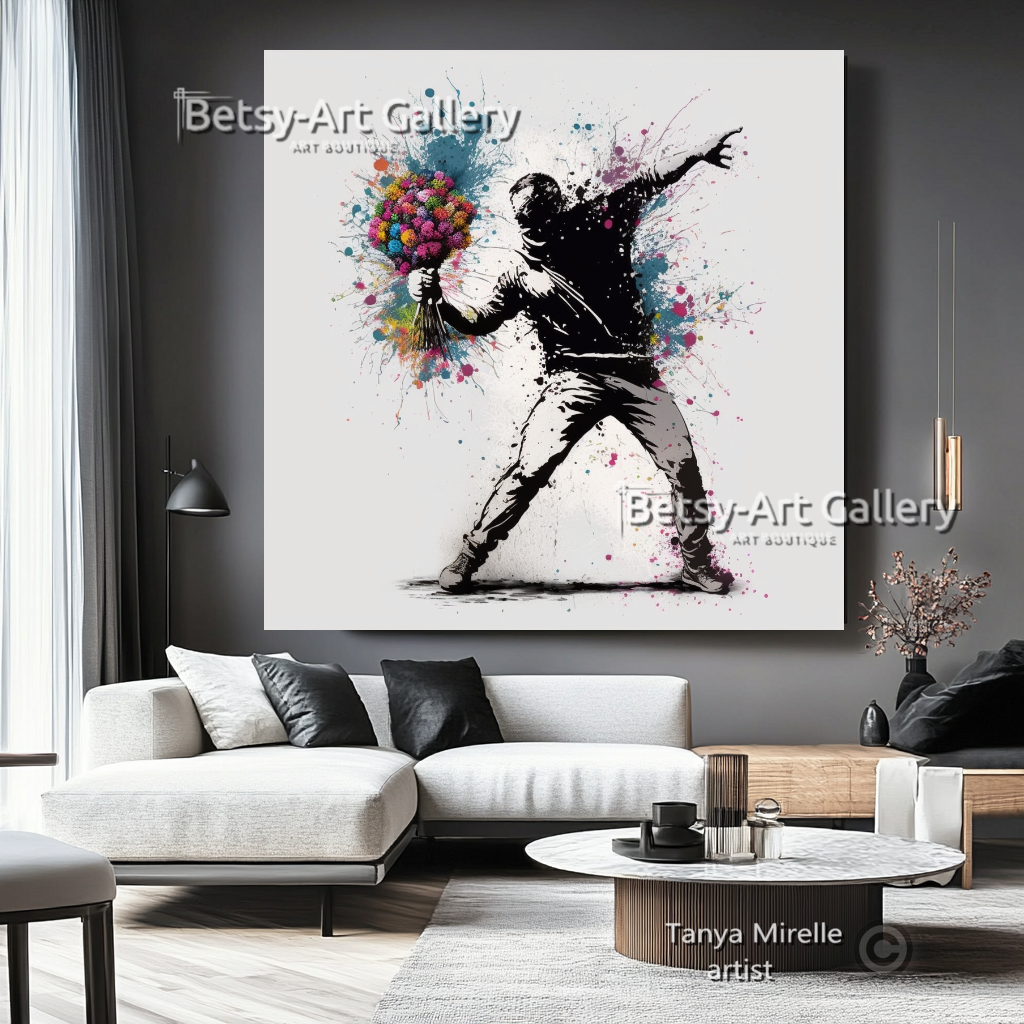 Banksy Flower Thrower Graffiti Art Print on Canvas #1 {{ shop_name }}Prints art gift Banksy canvas canvas print canvas wall art flower thrower giclée prints graffiti print large canvas print large wall art Large Wall Art Decor Living Room Art modern art print pop art print print on canvas ready to hang canvas street art stretched canvas art urban decor wall art prints