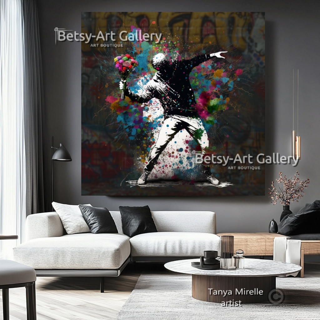 Banksy Flower Thrower Graffiti Art Print on Canvas #1 {{ shop_name }}Prints art gift Banksy canvas canvas print canvas wall art flower thrower giclée prints graffiti print large canvas print large wall art Large Wall Art Decor Living Room Art modern art print pop art print print on canvas ready to hang canvas street art stretched canvas art urban decor wall art prints