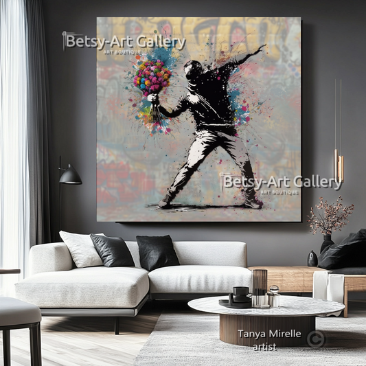 Banksy Flower Thrower Graffiti Art Print on Canvas {{ shop_name }}Prints art gift Banksy canvas canvas print canvas wall art flower thrower giclée prints graffiti print large canvas print large wall art Large Wall Art Decor Living Room Art modern art print pop art print print on canvas ready to hang canvas street art stretched canvas art urban decor wall art prints