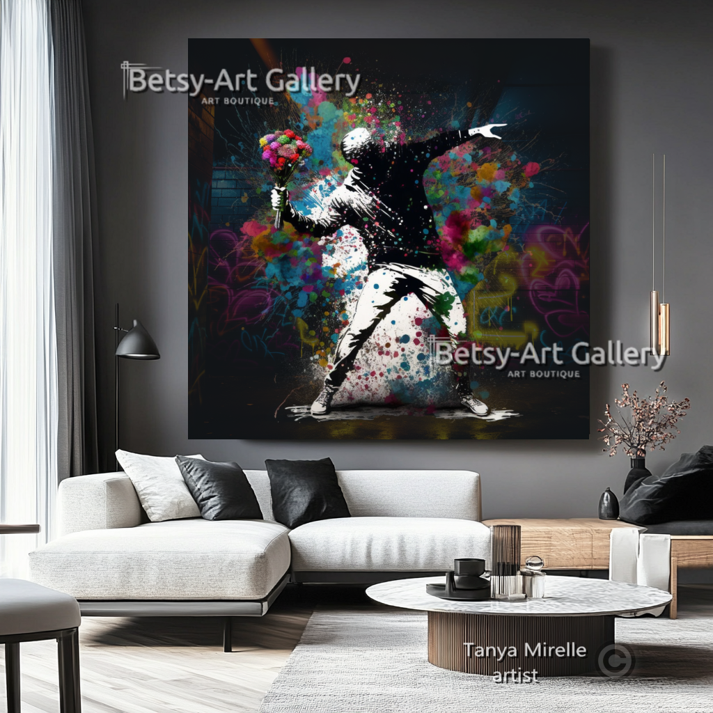 Banksy Flower Thrower Graffiti Art Print on Canvas {{ shop_name }}Prints art gift Banksy canvas canvas print canvas wall art flower thrower giclée prints graffiti print large canvas print large wall art Large Wall Art Decor Living Room Art modern art print pop art print print on canvas ready to hang canvas street art stretched canvas art urban decor wall art prints