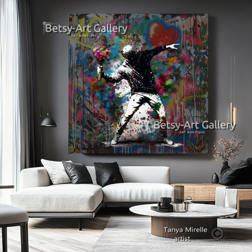 Banksy Flower Thrower Graffiti Art Print on Canvas #1 {{ shop_name }}Prints art gift Banksy canvas canvas print canvas wall art flower thrower giclée prints graffiti print large canvas print large wall art Large Wall Art Decor Living Room Art modern art print pop art print print on canvas ready to hang canvas street art stretched canvas art urban decor wall art prints
