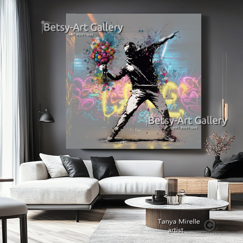 Banksy Flower Thrower Graffiti Art Print on Canvas {{ shop_name }}Prints art gift Banksy canvas canvas print canvas wall art flower thrower giclée prints graffiti print large canvas print large wall art Large Wall Art Decor Living Room Art modern art print pop art print print on canvas ready to hang canvas street art stretched canvas art urban decor wall art prints