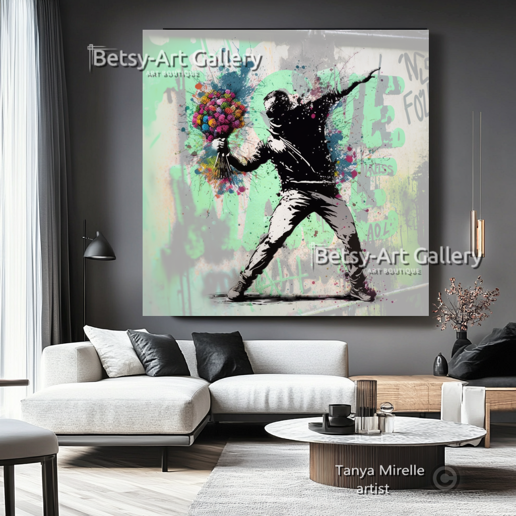 Banksy Flower Thrower Graffiti Art Print on Canvas {{ shop_name }}Prints art gift Banksy canvas canvas print canvas wall art flower thrower giclée prints graffiti print large canvas print large wall art Large Wall Art Decor Living Room Art modern art print pop art print print on canvas ready to hang canvas street art stretched canvas art urban decor wall art prints