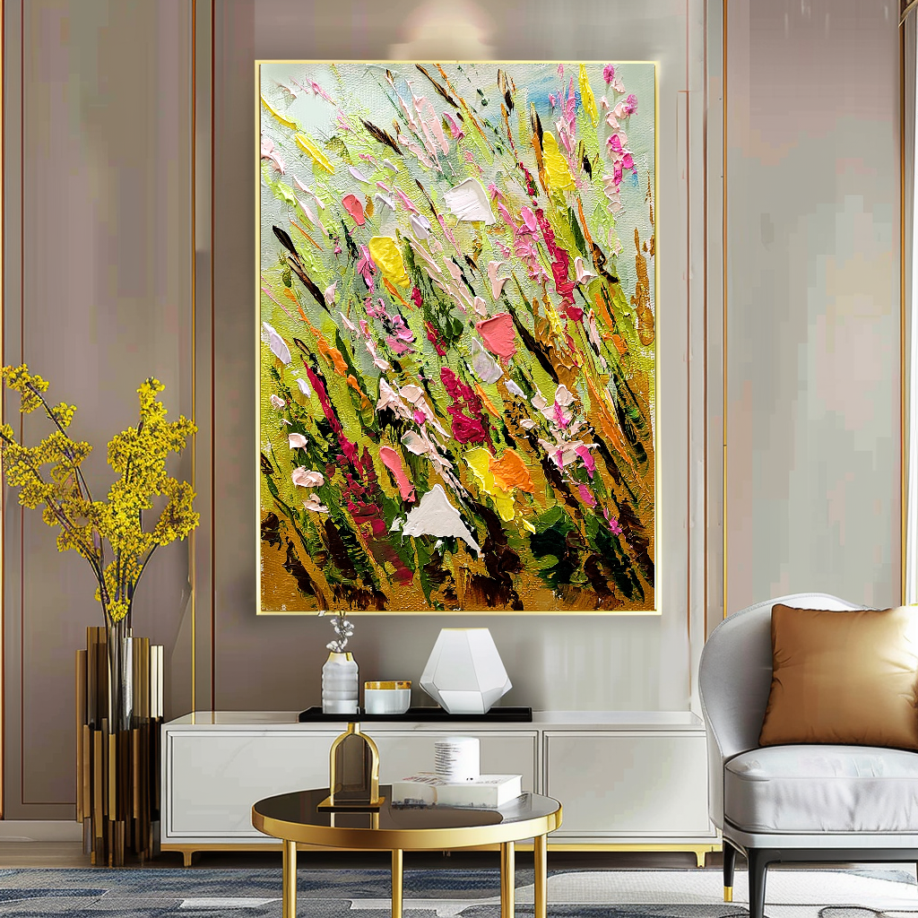 Large Modern Abstract Art for Living room, Spring Meadow, Vibrant Abstract Impasto Oil Painting, Handmade Art for sale