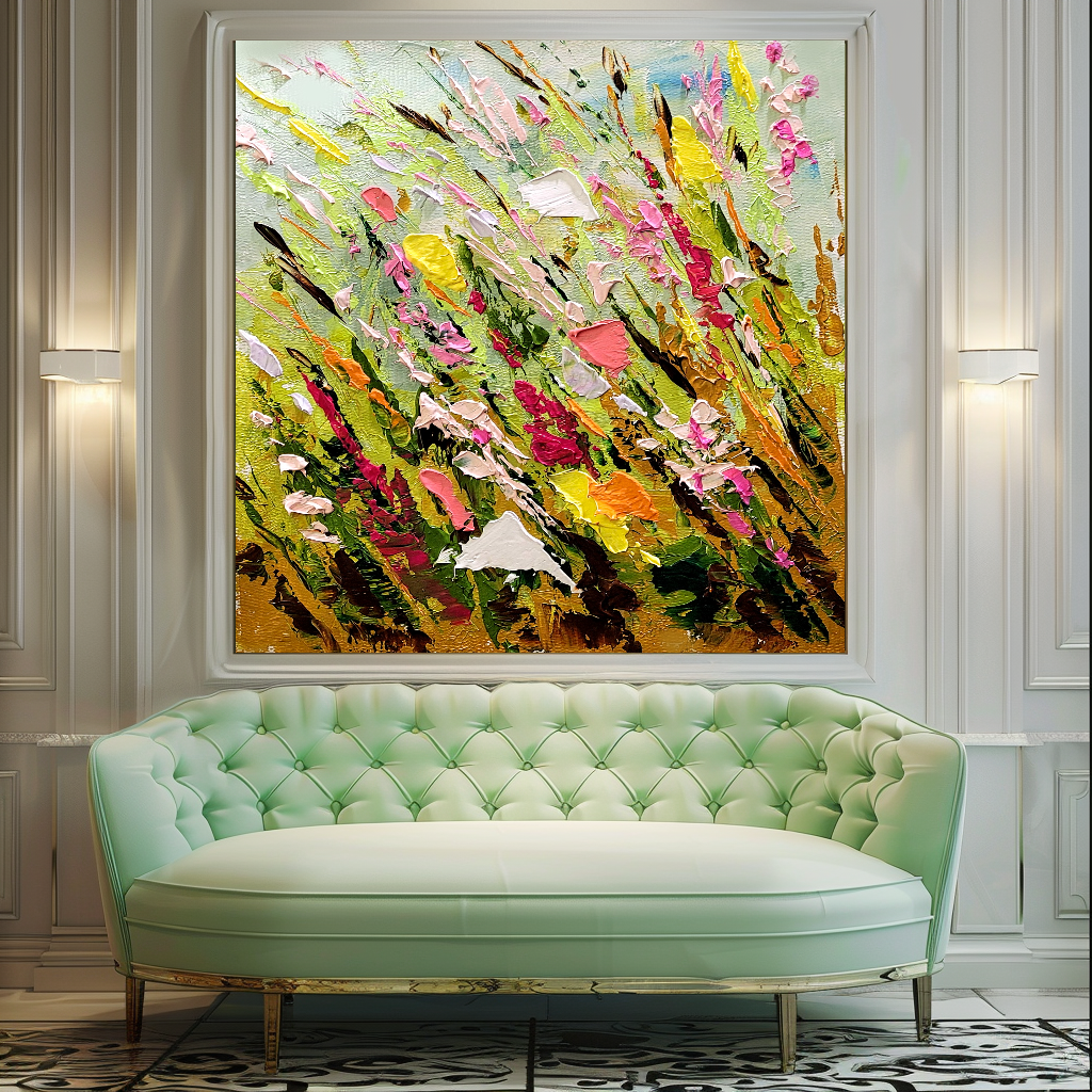 Large Modern Abstract Art for Living room, Spring Meadow, Vibrant Abstract Impasto Oil Painting, Handmade Art for sale