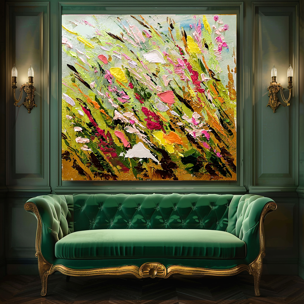Large Modern Abstract Art for Living room, Spring Meadow, Vibrant Abstract Impasto Oil Painting, Handmade Art for sale