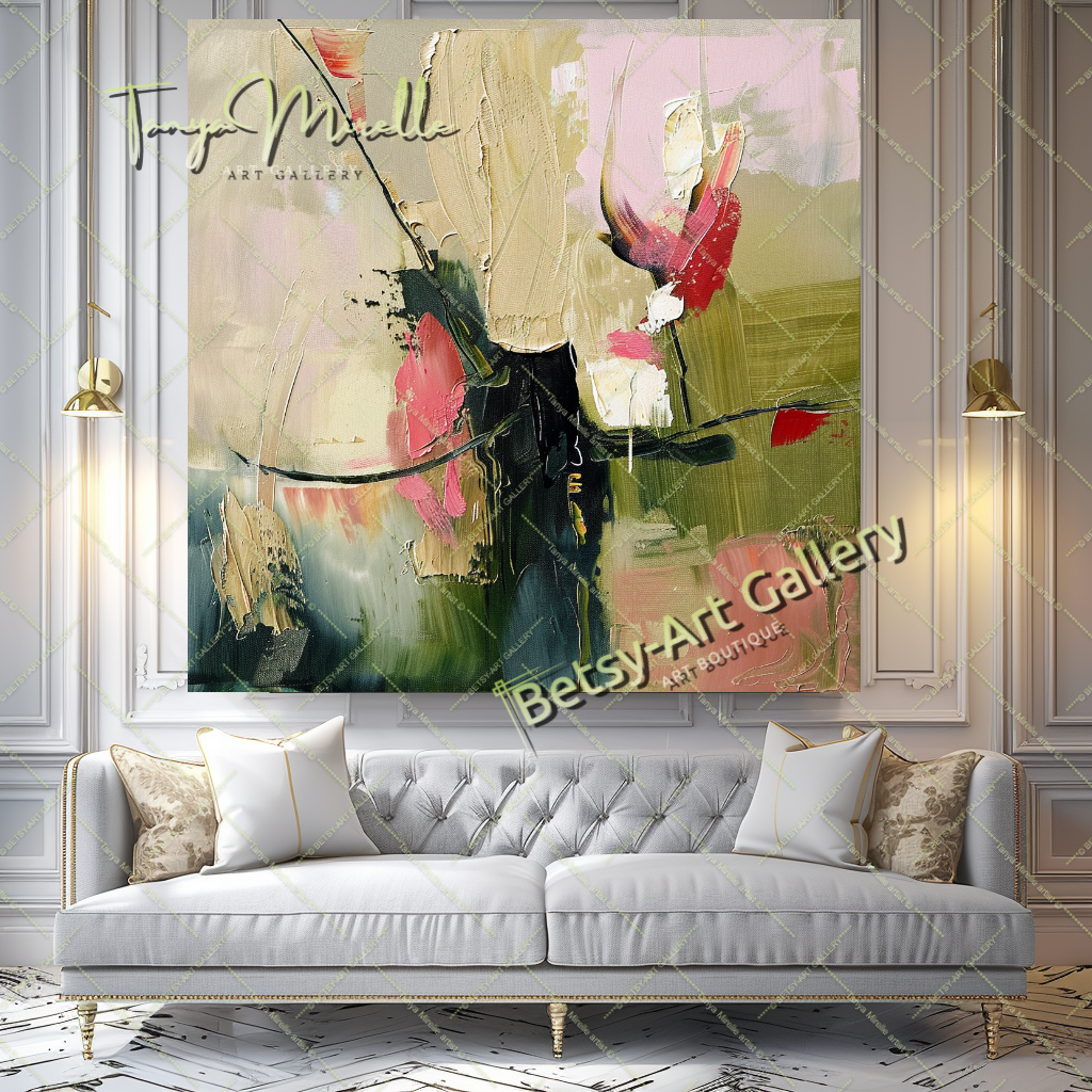 Pink and Green Floral Abstract Oil Painting on Canvas #173