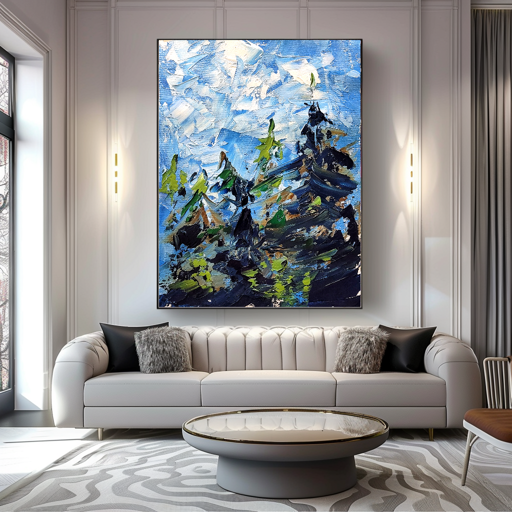 Modern Abstract Wall Art for living room, Blue Landscape Art, Impasto Oil Painting on Canvas