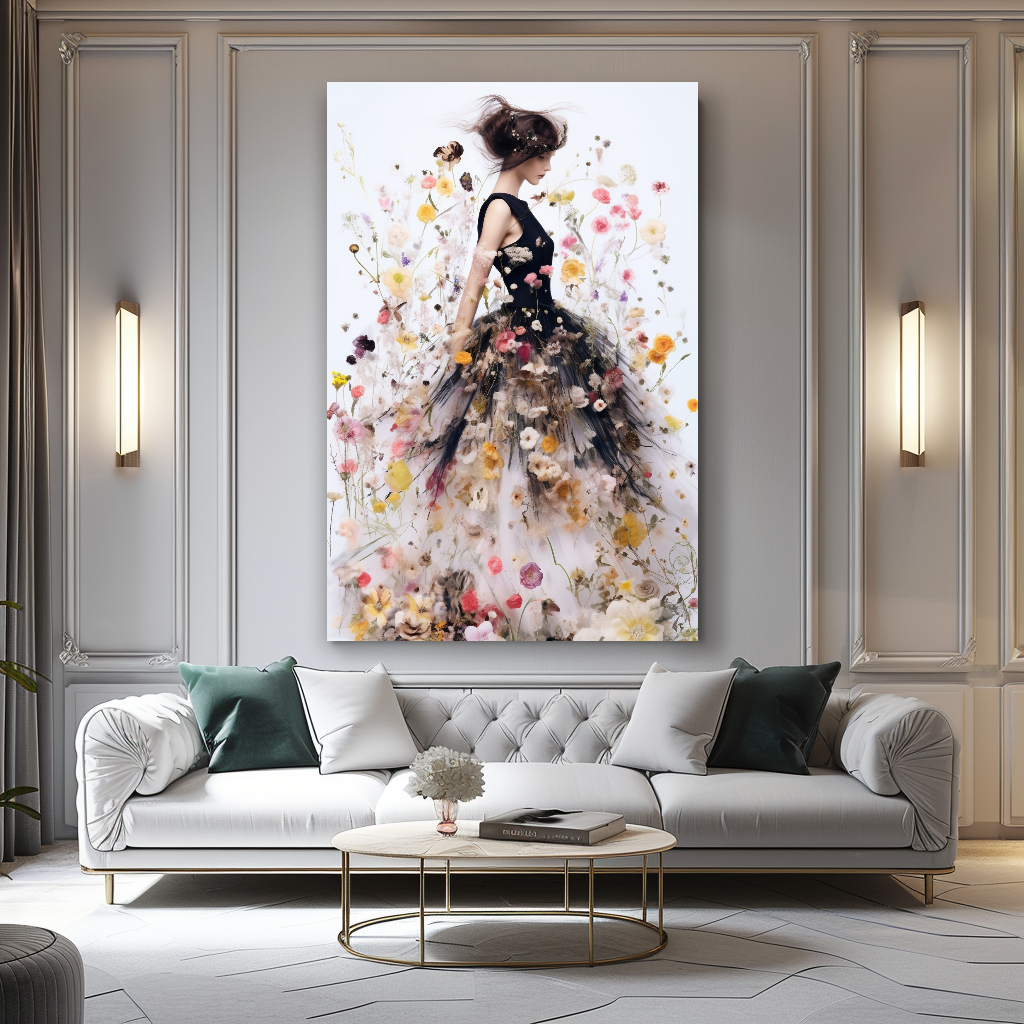 Elegant Perfume Floral Woman Art - Blooming Flowers Dress - Chic Home Decor