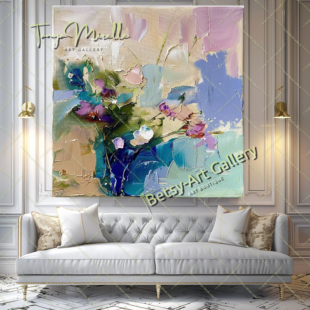 Textured Oil Painting, Blue Floral Abstract Art #200