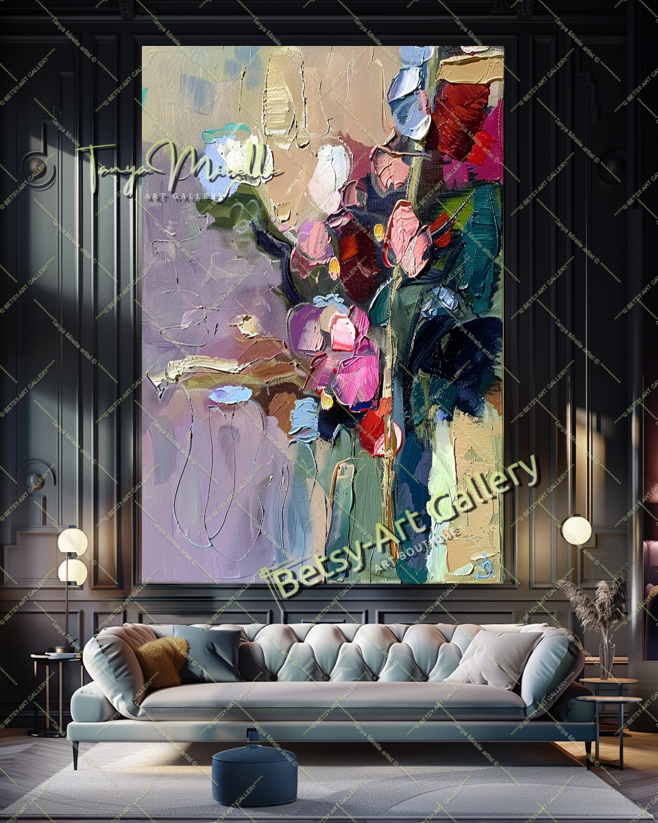 Purple Green Abstract Painting – Modern Floral Wall Art #158