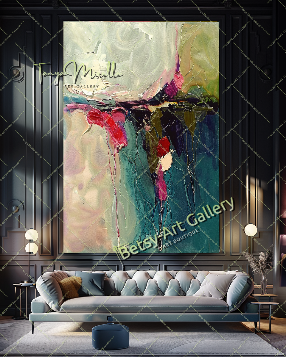Purple Green Abstract Painting – Modern Floral Wall Art #158