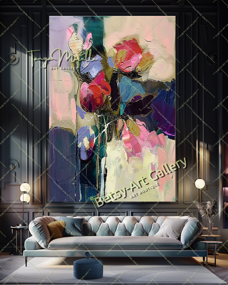 Purple Green Abstract Painting – Modern Floral Wall Art #158