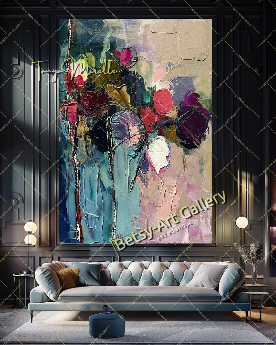 Purple Green Abstract Painting – Modern Floral Wall Art #159