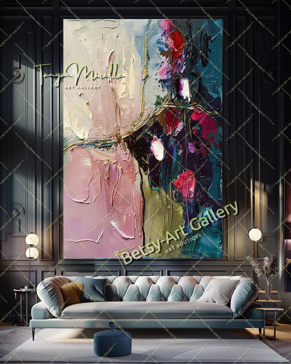 Purple Green Abstract Painting – Modern Floral Wall Art #159