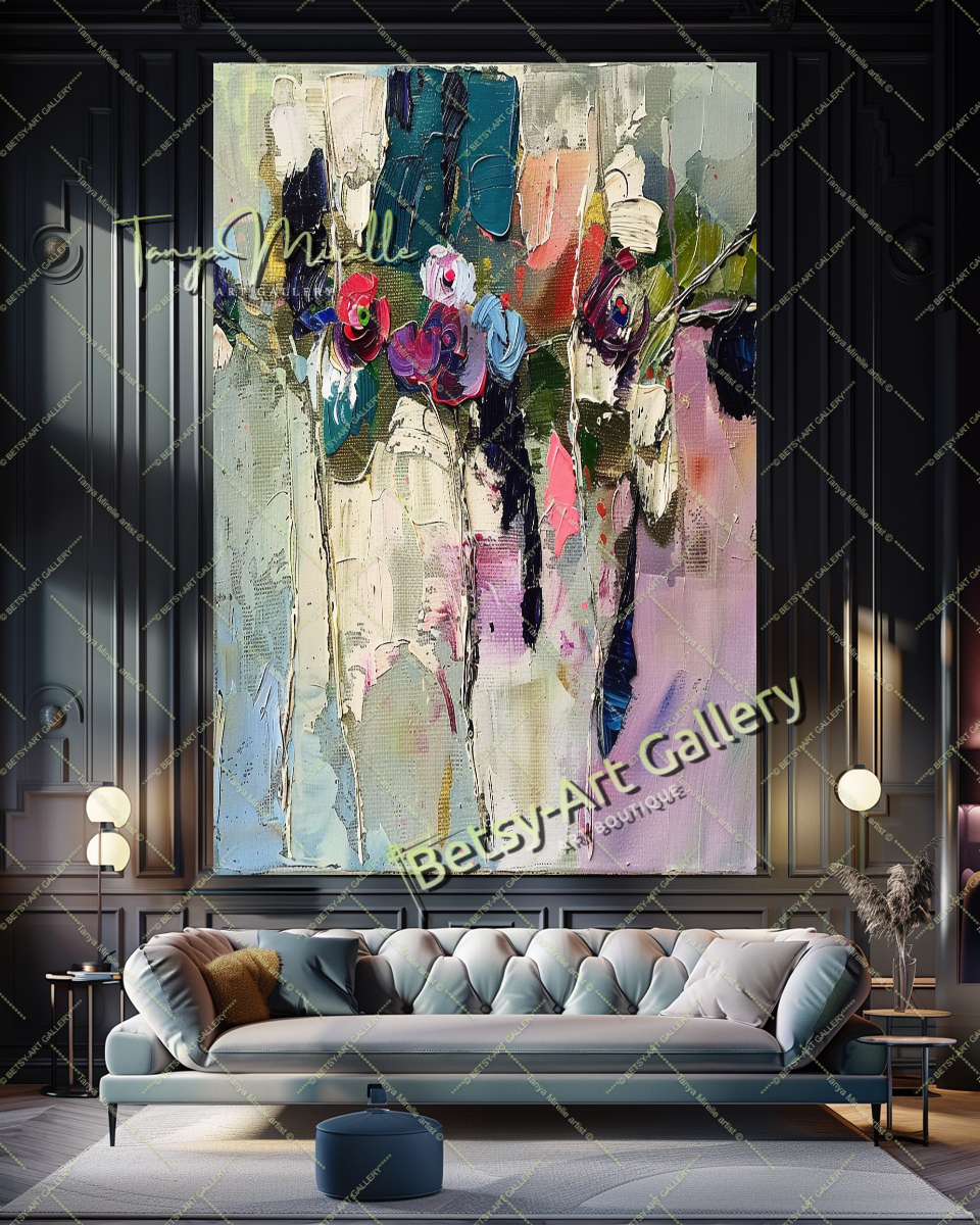 Purple Green Abstract Painting – Modern Floral Wall Art #159