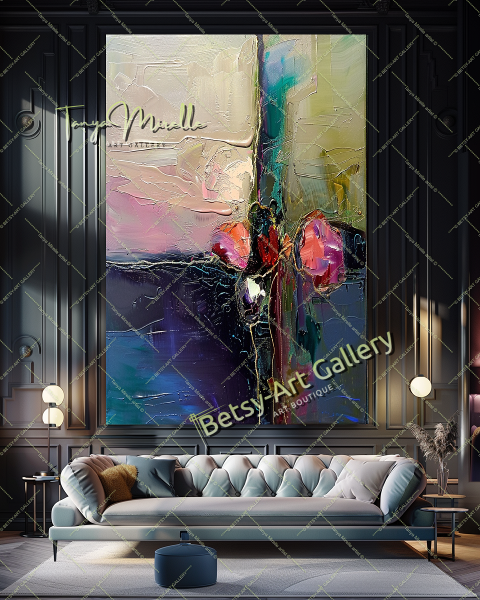 Purple Green Abstract Painting – Modern Floral Wall Art #159