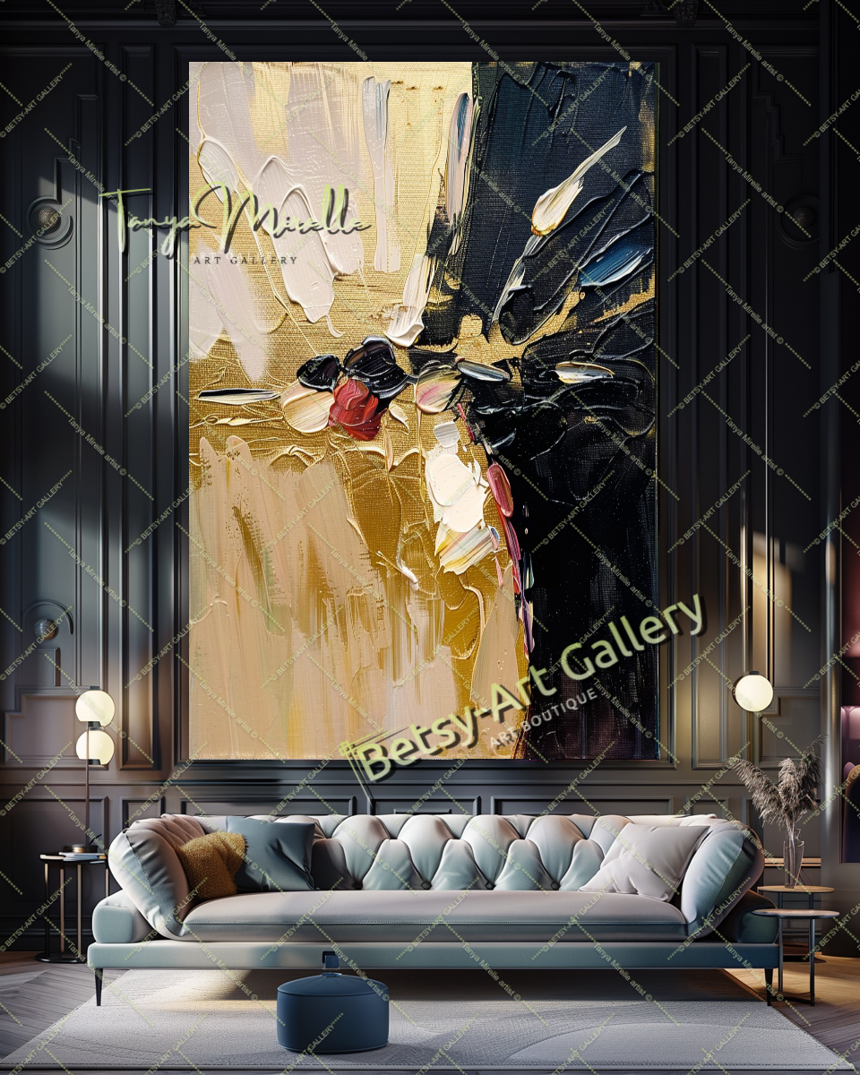Gold Black Abstract Painting – Contemporaryl Wall Art #160